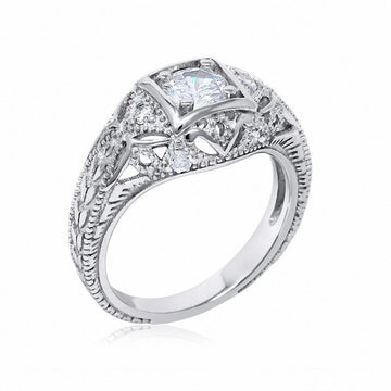 Antique Style Engagement Ring Simulated Cubic Zirconia 925 Sterling Silver